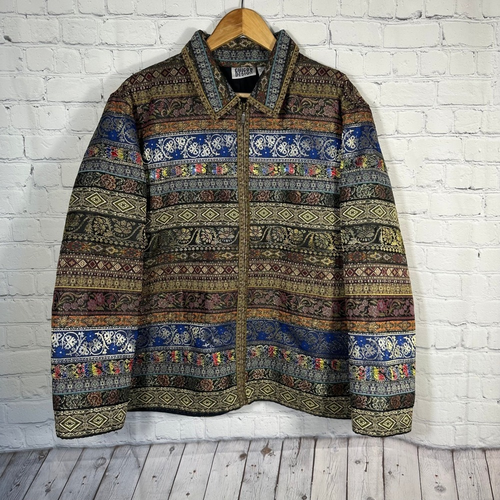 Chicos Design Vintage Tapestry Jacket Metallic Zip Front Boho Multi Color Size 3